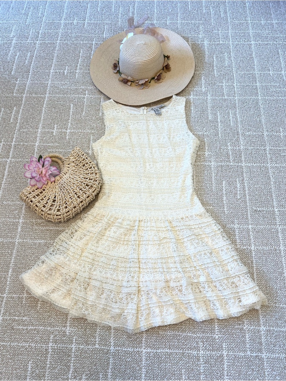 American Rag Ivory Lace Fit & Flare Dress with Floral Trim Hat